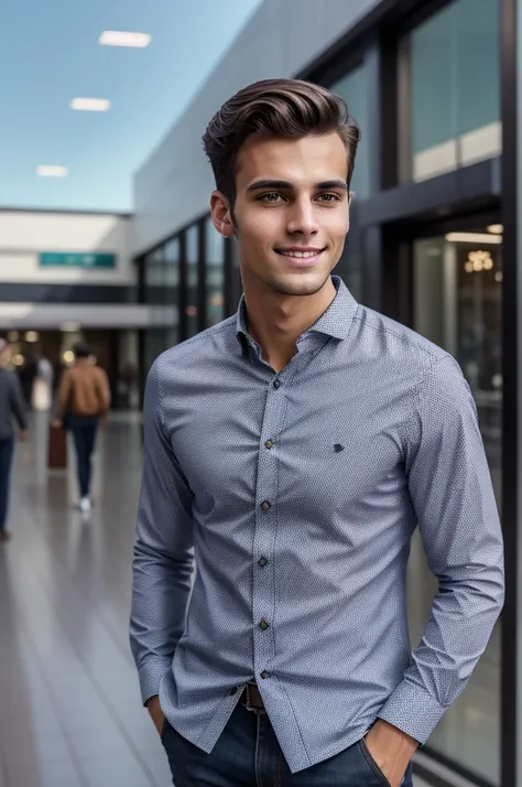 young handsome slim brunette man taking selfie realistic 8k, in a shopping center, high quality background