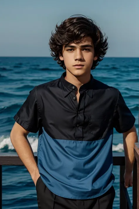 Boy with a blouse on a black and cean blue