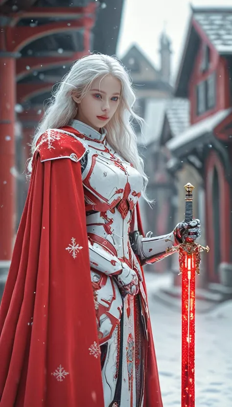 excellent quality, masterpiece, best quality, Ultra Detailed, Extremely detailed, Ultra HD, beautiful girl, Perfect anatomical structure, Perfect body, Model, Fashion pose, Wearing a magical red mecha and red cape, With a laser sword, Snowy medieval city, ...