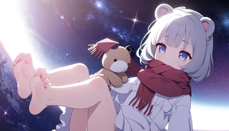 (((masterpiece))), (((best quality))),(((high detail))),light manipulation, girl with silver hair, gradient purple to sky blue eyes, wearing a white dress, a red scarf, (((loli))), (((child))) , galaxy background, holding a teddy bear, feet, no footwear