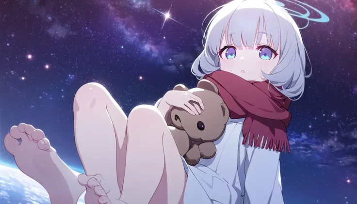 (((masterpiece))), (((best quality))),(((high detail))),light manipulation, girl with silver hair, gradient purple to sky blue eyes, wearing a white dress, a red scarf, (((loli))), (((child))) , galaxy background, holding a teddy bear, feet, no footwear