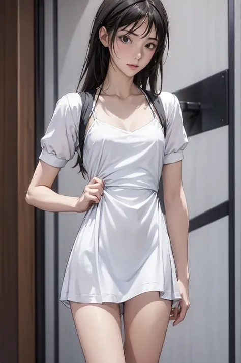 ((masterpiece, best quality)),((high resolution:1.3)), 1 Girl, solo, Cowboy Shot, Blurred Background, silky hair, (((Small breasts:1.3))), Thighs, (((cool Pose))), ((mini dress)), ((lift dress:1.2))