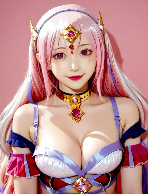 1girl, solo, long hair, breasts, looking at viewer, smile, large breasts, cleavage, bare shoulders, collarbone, upper body, pink hair, choker, pink eyes, circlet