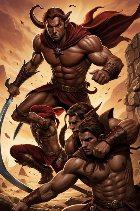 Drawing of a red-skinned warrior tiefling man fighting a brown-haired half-elf man 