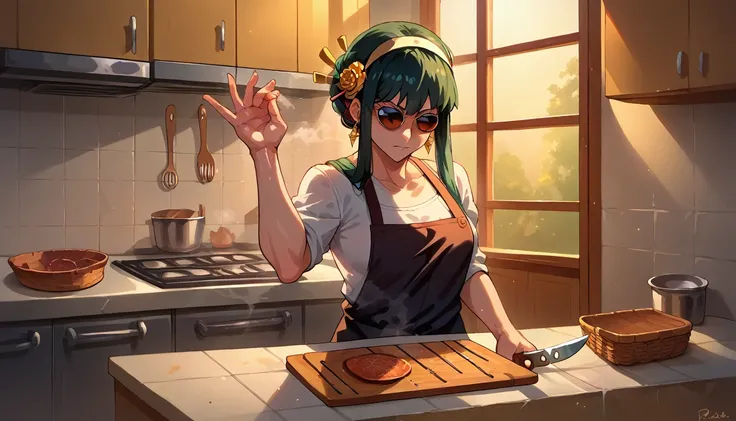 score_9, score_8_up, source_anime, saltbaememe, salt, sunglasses, kitchen, kitchen knife, flesh, 1girl, yor briar, casual, rotte...