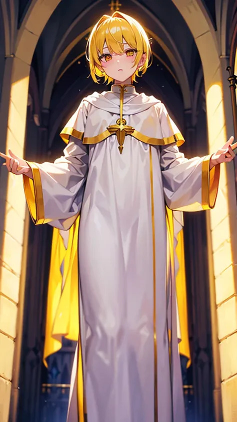 Priest , gold hair, yellow sparkling eyes, white cute clothes, stands in cathedral,