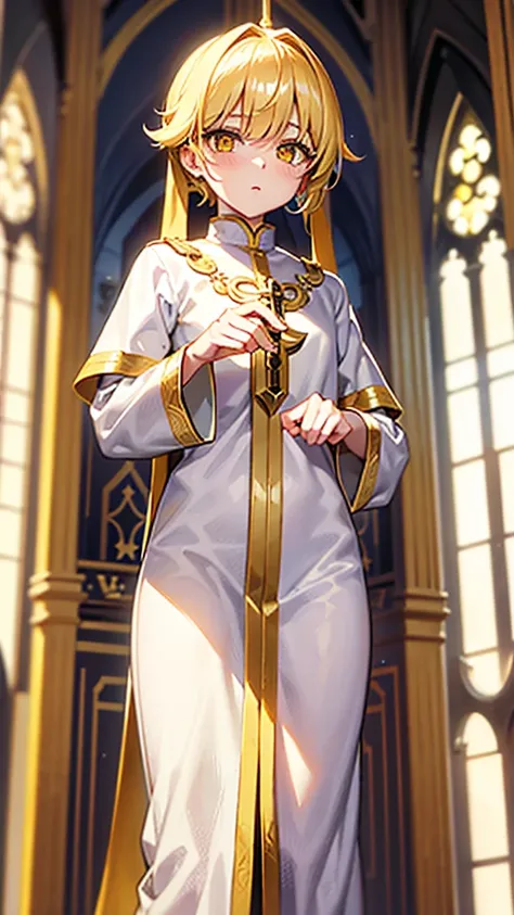 Priest , gold hair, yellow sparkling eyes, white cute clothes, stands in cathedral,