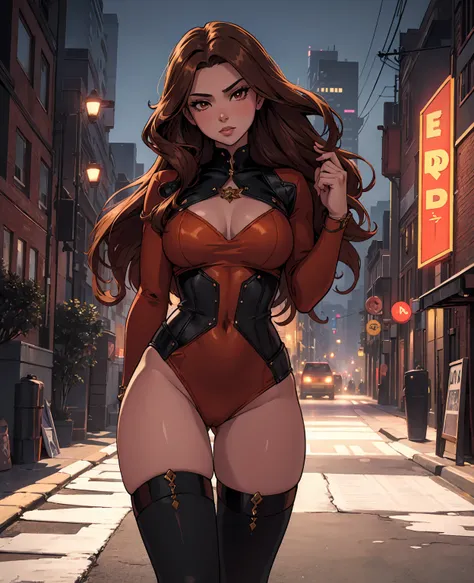 a beautiful detailed young woman with long brown hair, stunning ice spice, sexy pose, wearing a revealing outfit, in a dark urban city backdrop, dynamic lighting, cinematic color tones, photorealistic, highly detailed, 8k, best quality