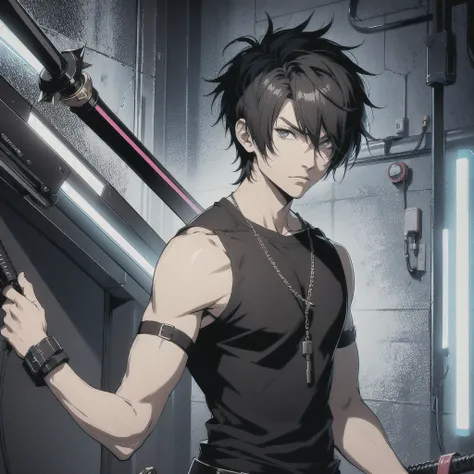 Man, solo, Short hair, Kusanagi Kyo, short, spiky hair with a slightly tousled look, often styled to have a cool, edgy appearance, wearing a black t shirt, long bermuda, sneakers, cyberpunk style, holding a giant sword(neon sword), 