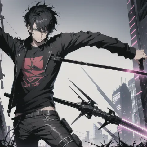 Man, solo, Short hair, Kusanagi Kyo, short, spiky hair with a slightly tousled look, often styled to have a cool, edgy appearance, wearing a black t shirt, long bermuda, sneakers, cyberpunk style, holding a giant sword(neon sword), 