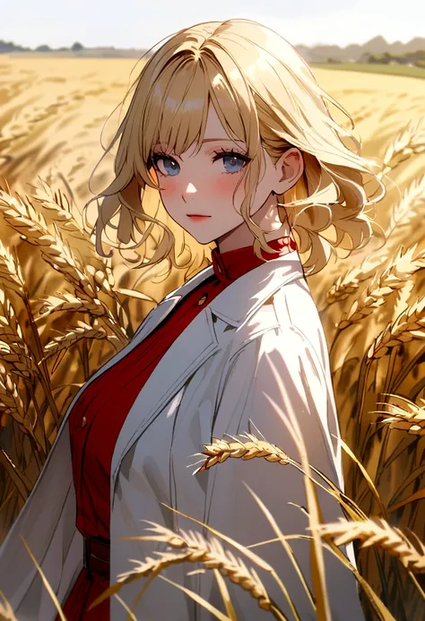 Woman in wheat field., dressed in red, White and blue, wavy blonde hair