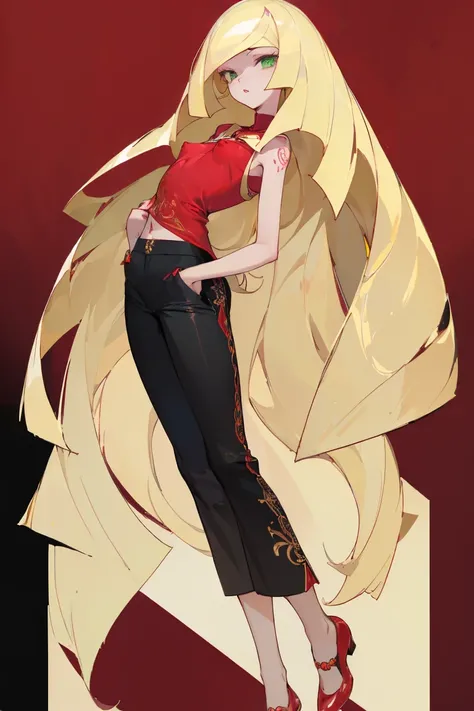 ((Highest quality)), ((masterpiece)), (Familiar), Lusamine,nsfw,Tattoo of the uterus,thin,Long blonde hair,Small breasts,Small breasts,Erect nipples,Adult female,Green Eyes,Slanted Eyes,Red Shirt,No sleeve,Gold embroidery,shoes,Fascinating,Black pants