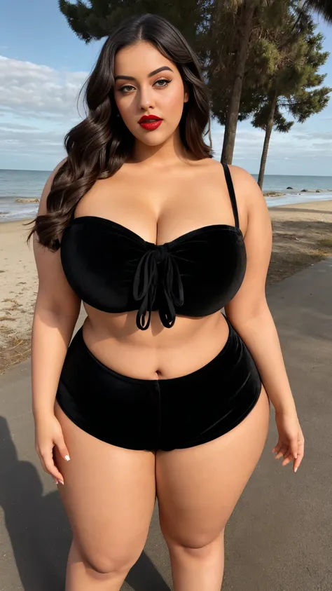 there is a Indian gorgeous American curvy plus size model Natalia Lozano in a red velvet shorts and black velvet cropped top and red lipstick standing in the roadside of a sea beach , angelawhite, alluring plus sized model, bbwchan, bbw, thicc, curvy model...