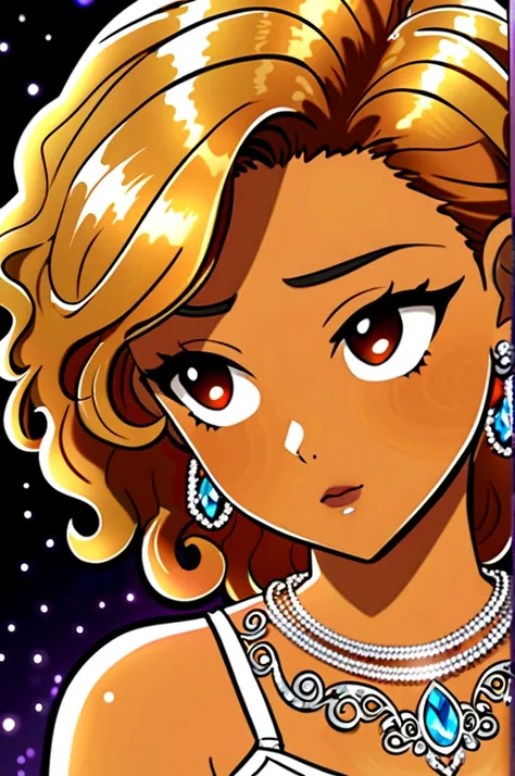 Create a cartoon-style image of a beautiful teenage girl with curly blonde hair, wearing feminine clothing, a diamond necklace, and diamond earrings