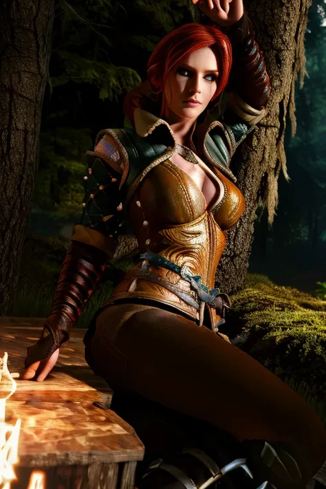 tris merigold in a hunting outfit seductively in a dark forest, looks like a whore porn hentai art 3d