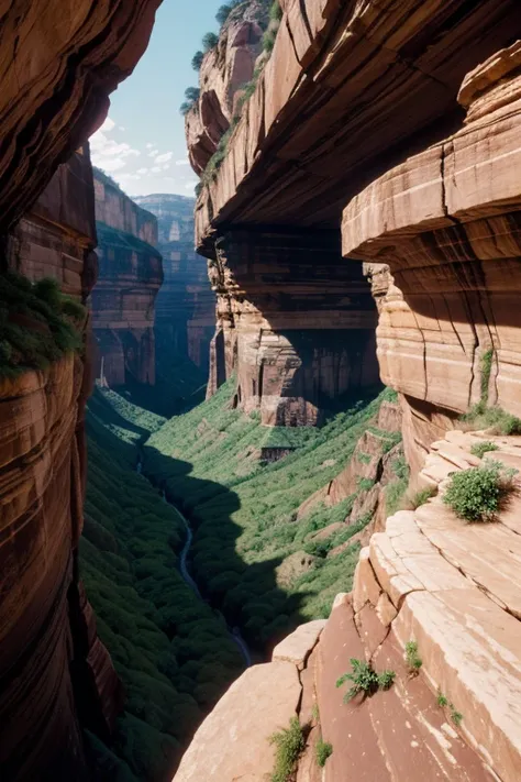 "Deep canyons in Permian Brazil, with red rocks and flora adapted to the arid climate."