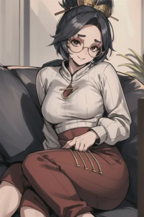 masterpiece, realistic, hyperrealistic, best quality, purah, hair stick, red glasses, grey ribbed sweater, black sweatpants, couch, sitting, looking at viewer, smile