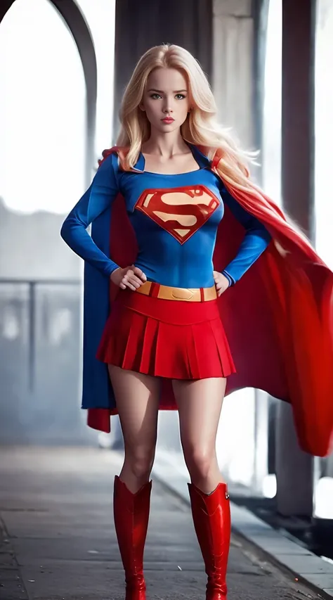 a sexy girl with big breasts, athletic body, a super girl outfit, blue blouse, red skirt, red boots, blonde hair, red cape