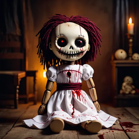 (knitted toy voodoo doll:1.6), (cursed scary voodoo doll:1.3), (clothes: torn white dress with dark blood stains:1.4), (one arm is torn off and hanging on threads:1.3), (sinister eyes and smile:1.3), (background: ghostly nursery in the dark, creepy lullabi...