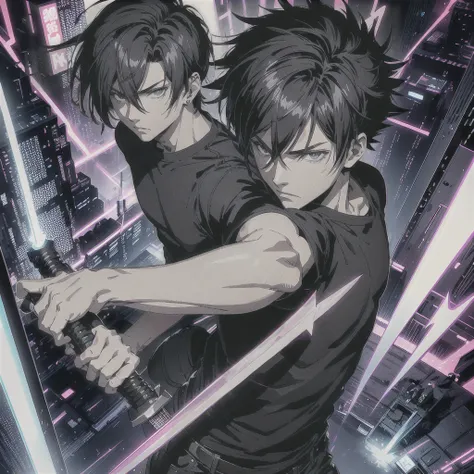  1 Man, solo, Short hair (Kusanagi Kyo), short, spiky hair with a slightly tousled look, often styled to have a cool, edgy appearance, wearing a black t shirt, long bermuda, sneakers, cyberpunk style, holding a giant sword(neon sword), 