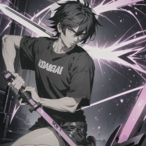  1 Man, solo, Short hair (Kusanagi Kyo), short, spiky hair with a slightly tousled look, often styled to have a cool, edgy appearance, wearing a black t shirt, long bermuda, sneakers, cyberpunk style, holding a giant sword(neon sword), 