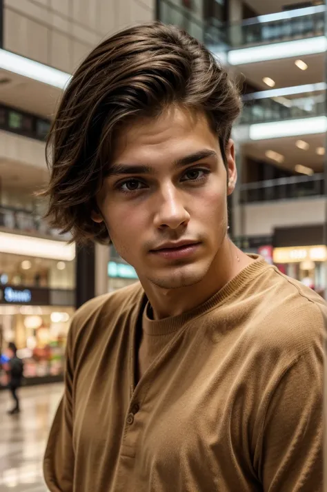 Young handsome slim brunette man taking selfie realistic 8k, in a shopping center, high quality background