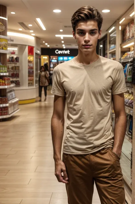 Young handsome slim brunette man taking selfie realistic 8k, in a shopping center, high quality background