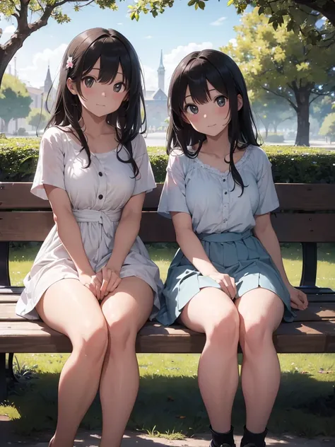 ((Highest quality)), ((masterpiece)), (detailed),Perfect Face,Strong light from the front,With front light,Fully nude sisters sitting side by side on a park bench,