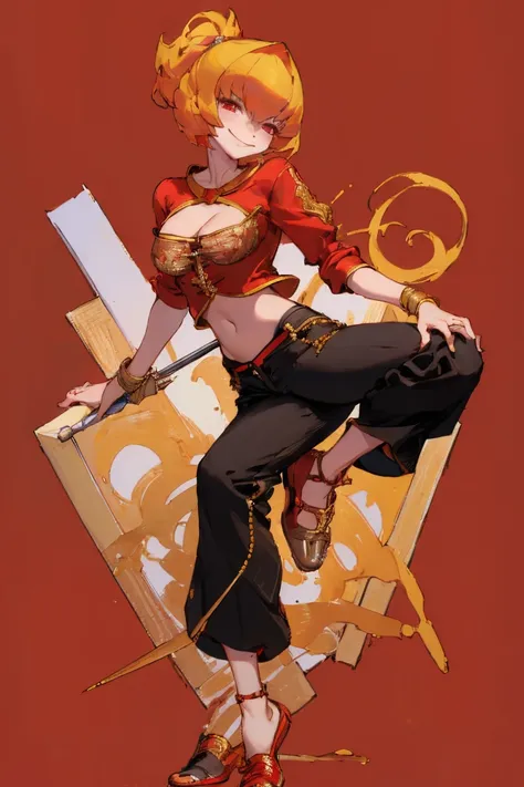 ((Highest quality)), ((masterpiece)), (be familiar with),Clementine,Overload,nsfw,Red Shirt,No sleeve,Gold embroidery,shoes,Fascinating,Black pants,Bewitching Smile,whole body