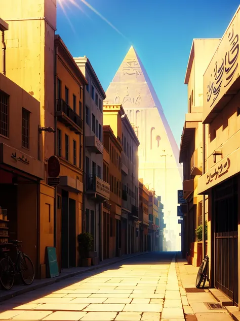 street of a egypt city, tents, black people with cat ears, pyramid in the distance, sunlight, day,