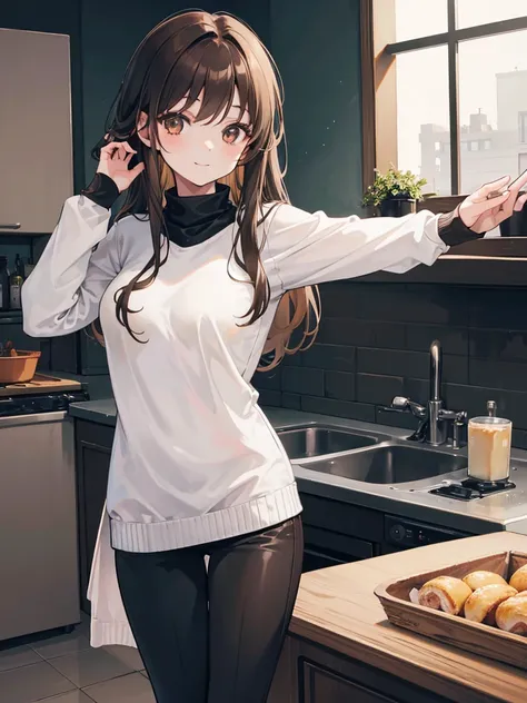 1girl, long brown hair with a gradual fade to white at the tips, woman, brown eyes, smile, wearing black turtleneck, dark gray pants, house, kitchen, absurdres, high res, ultrasharp, 8K, masterpiece