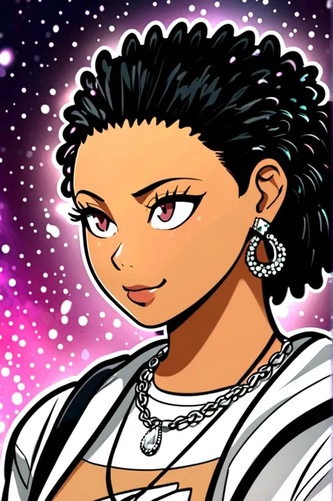 Crée une image de style cartoon représentant une adolescente très belle avec des cheveux de couleur blond et bouclés, portant des vêtements féminine, un collier de diamant, et des boucles doreilles en diamant et pourtant des chaussures nike