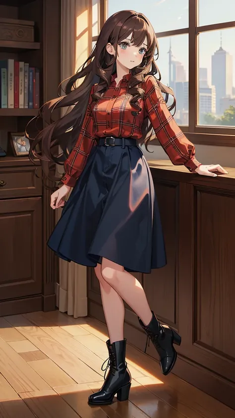 ((Masterpiece, best art, high quality, anime style)), portrait, 1girl, brown hair, wavy hair, curly hair, red plaid long sleeveled shirt, blue denim skirt, kneehigh, black high heeled boots