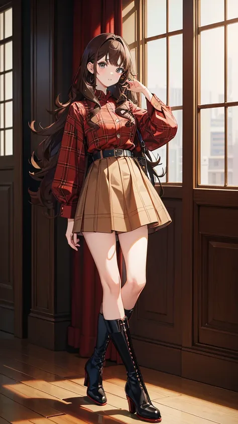 ((Masterpiece, best art, high quality, anime style)), portrait, 1girl, brown hair, wavy hair, curly hair, red plaid long sleeveled shirt, blue denim skirt, kneehigh, black high heeled boots