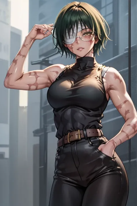 MakiShS1, solo, scar, short hair, 1girl, scar on face, looking at viewer, glasses, burn scar, green hair, sleeveless, belt, pants, bangs, cowboy shot,  shirt, muscular, bandages, round eyewear, bandage over one eye, normal breasts, bare shoulders, closed m...