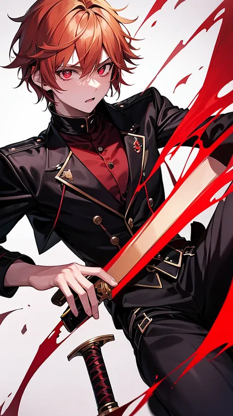 A 17 year old high school boy , short blonde hair with a red streak , crimson eyes shining,  with a black jacket with black tones of a swordsman with magic and his sword black as night with red tones with a youthful style , Well 
