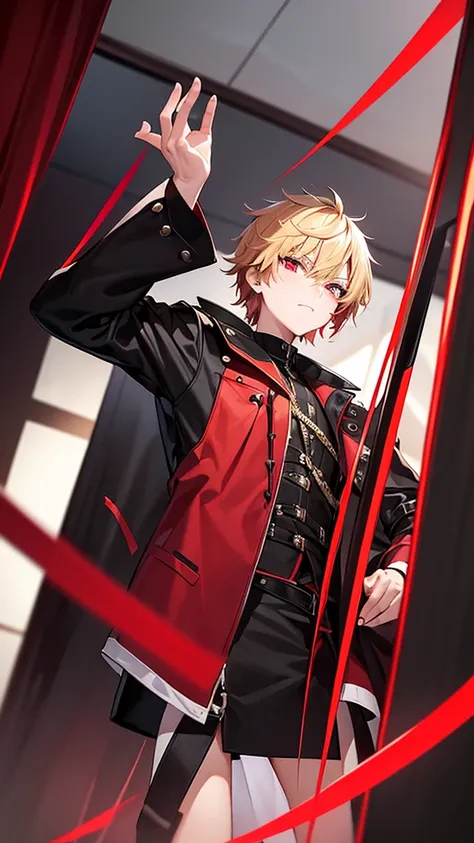 A 17 year old high school boy , short blonde hair with a red streak , crimson eyes shining,  with a black jacket with black tones of a swordsman with magic and his sword black as night with red tones with a youthful style , Well 
