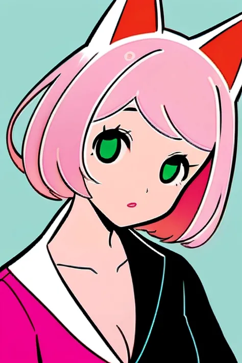 Alicia Boscanovitch, Iris of Twinkling Green Eyes, Best Quality, contemporary, flat style, minimalism, Green eyes flat illustration, pink hair, short hair, multicolor fur, black shirt, mechanical wings, Close-up head portrait, pointed chest, neckline, supe...