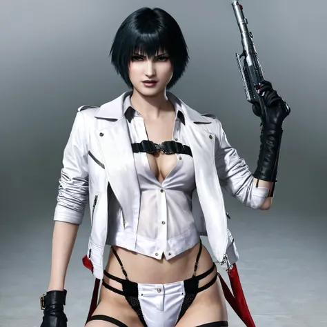 lady (from devil may cry), white jacket, black panties, black hair, short hair
