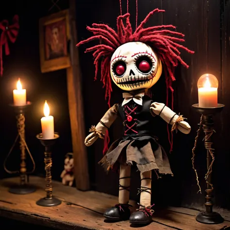 (knitted toy voodoo doll:1.5), (Voodoo Creepy Puppeteer:1.3), (Clothing: tattered puppet master outfit with dark stains:1.0), (Accessories: enchanted cursed marionette, glowing sinister puppet strings:1.1), (background: eerie abandoned theater with flicker...