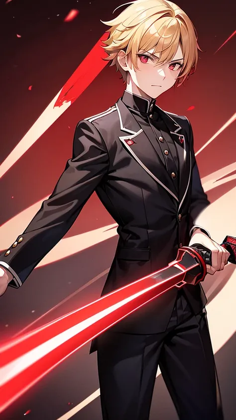 A 17 year old high school boy , short blonde hair with a red streak , crimson eyes shining,  with a black jacket with black tones of a swordsman with magic and his sword black as night with red tones with a youthful style , good person 
