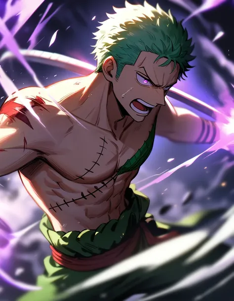 1boy, male focus, Zoro, One piece, injury, haki,, masterpiece, best quality, very aesthetic, absurdres, depth of field, fighting, glowing purple eyes