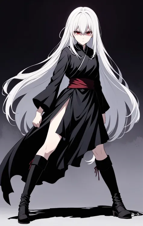 Girl, 20 years old, with long white hair down to below her waist, a serious yet tender expression, and red eyes. Her hair features black streaks. She wears antique-style clothing, a long black dress with a slit on the legs, and high black boots that almost...