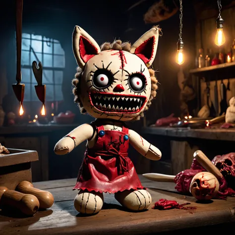 (knitted toy voodoo doll:1.5), (Voodoo Werewolf Butcher:1.3), (Clothing: tattered butchers apron with bloodstains:1.0), (Accessories: enchanted cursed cleaver, glowing sinister butchers hook:1.1), (background: eerie abandoned butcher shop with flickering l...