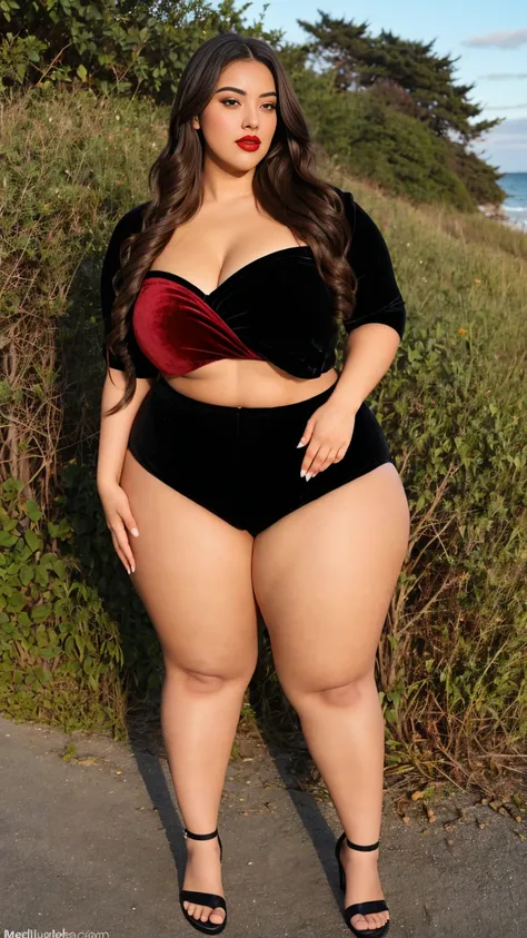 there is a Indian gorgeous American curvy plus size model Natalia Lozano in a red velvet shorts and black velvet cropped top and red lipstick standing in the roadside of a sea beach , angelawhite, alluring plus sized model, bbwchan, bbw, thicc, curvy model...