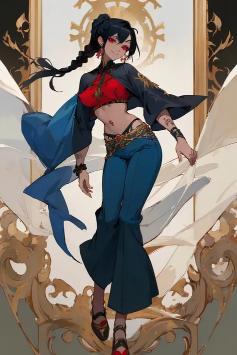 ((Highest quality)), ((masterpiece)), (be familiar with),One female,Black Hair,Red eyes,Dark green shirt,No sleeve,Gold embroidery,shoes,Fascinating,Blue pants,Chest tattoo, Bewitching Smile,Black Hair,Hair tied around the neck,White shawl,Erect nipples,(w...