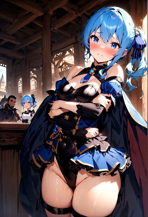 NSFW,masterpiece,Highest quality,High resolution,Super detailed,Star Town Suisei(Hololive),Blue Hair,One Side Ponytail,Blue Eyes,Small breasts,leotard,Removable sleeves,Micro Mini Skirt,Cape,Fantasy World,inn,Reception counter,Embarrassed,blush,Expecting f...