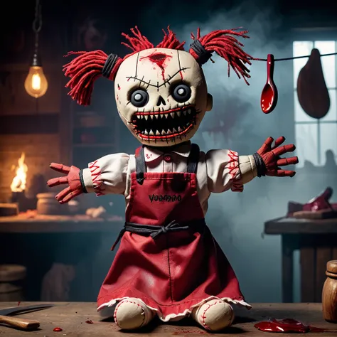 (knitted toy voodoo doll: 1.7), (voodoo werewolf butcher: 1.3), (clothing: torn butcher apron with blood stains: 1.4), (accessories: cleaver, sinister butcher hook: 1.1), (background: creepy abandoned butcher shop with fog and ghostly figures: 1.2), best q...