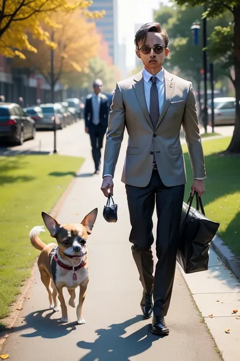 Chihuahua with a human body dressed in a business suit walking with identical dogs in the park