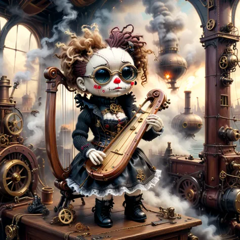 (voodoo doll playing knitted harp:1.2), (voodoo steampunk:1.3), (badass clothing: leather corset, aviator glasses, gears and mec...